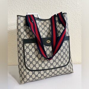 Gucci Vintage Beige GG Canvas Tote with Navy and Red Web Straps